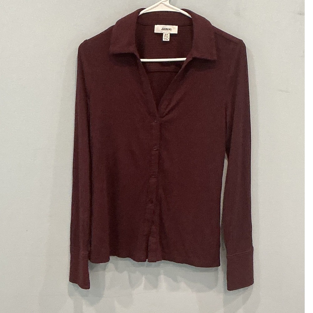 Jason Wu Women Ribbed Knit Button Down Shirt M Brown Y2K Fall Minimalist Boho